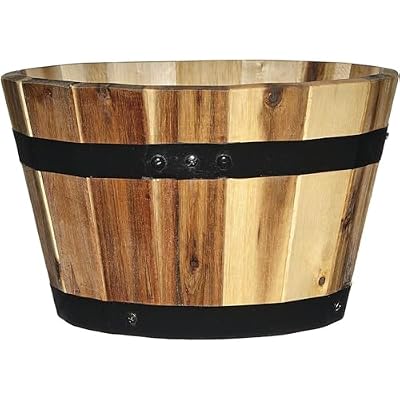 Classic Home and Garden Acacia Wood Whiskey Barrel Planters with Black Metal Band, 13in D x 8.25in H