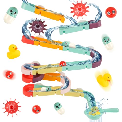 Juguetes de Baño, Teklemon 44 Pcs DIY Pista Hora del Baño Juego con Succión, Juguete Educativo para Bañera con Pista de Bolas, Juguete de Agua de Piscina Niños Niñas, Regalo Divertido para el Baño