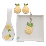 Salt and Pepper Shaker Ceramic Stovetop Set with Napkin Holder and Spoon Rest - Pineapple