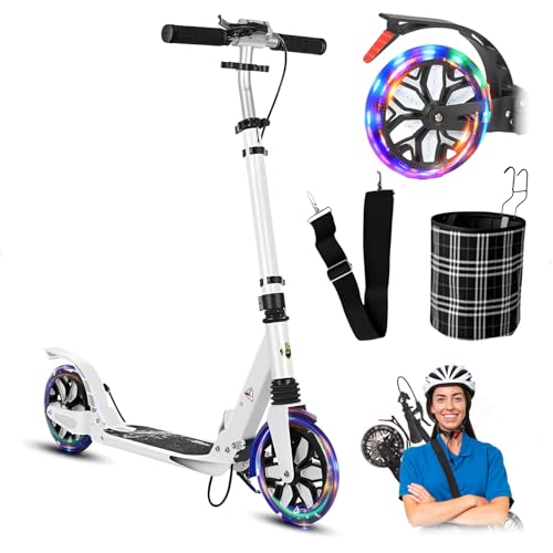 GHBXJX Big LED Wheel Scooter, Roller Kids Faltbarer Scooter, 4 Höhe justierbarer & Faltbarer, Tretroller mit Scheibenbremse und Stoßdämpfern Sportlicher Kinder & Erwachsenenrolle,Weiß