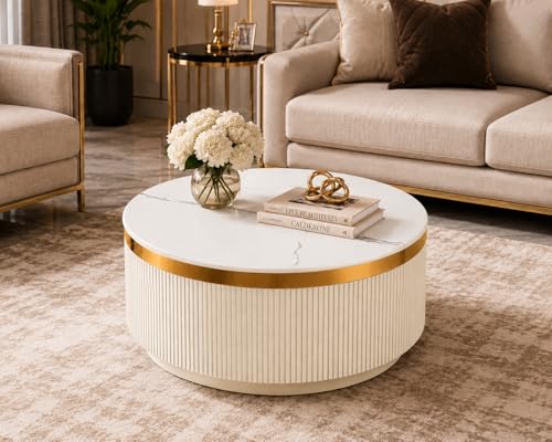 Image of Modern Round Centre Table - 76x76x46 cm | White Marble Top with Gold Accent Strip & Charcoal Louvers | Luxury Coffee & Tea Table for Living Room, Lounge & Entryway (Ivery)