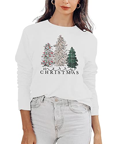 Astanfy Merry Christmas Sweatshirt For Women Plaid Christmas Holiday Long Sleeve Christmas Tree Pullover Lightweight Shirt White thumb #5