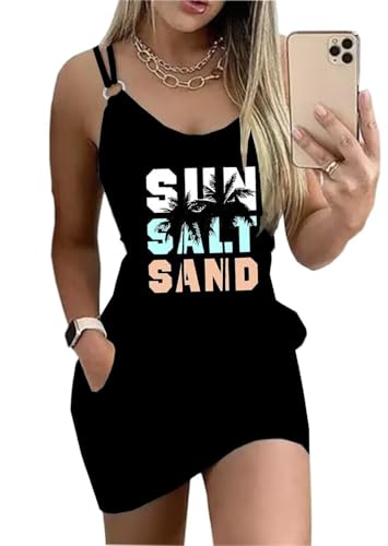 Image of Live Simple Coconut Tree Color Block Mini Dress for Women Summer Beach Vacation Tank Dresses Sleeveless Short Dress