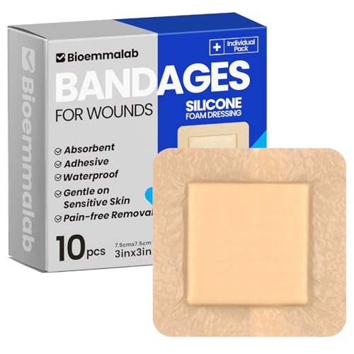 Image of Large Waterproof Bandages 3x3 Silicone Foam Dressing Sensitive Skin, 10 PCS | Bioemmalab Wound Dressing, Adhesive Cohesive Pad with Border, First Aid, Post Surgical and Trauma Care, Sore, Burn, Pressure