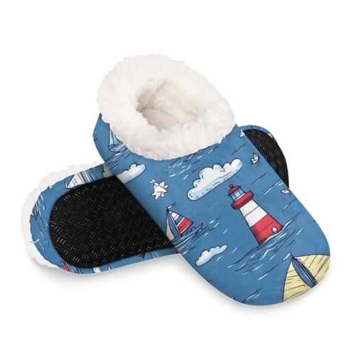 Lighthouse Sailboat Women's Slippers Socks Cozy Fuzzy Sherpa House Shoes Winter House Bedroom Slippers