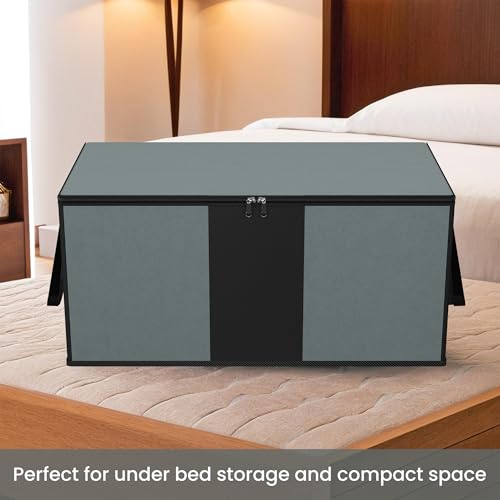Image of Kuber Industries Rexine Underbed Storage Bag | Foldable Blanket Bags | Waterproof Clothing-Bedding Bag | Closet Wardrobe Organizer | Carry Handle | Black Patti | Large | Grey, 48cm, 40cm