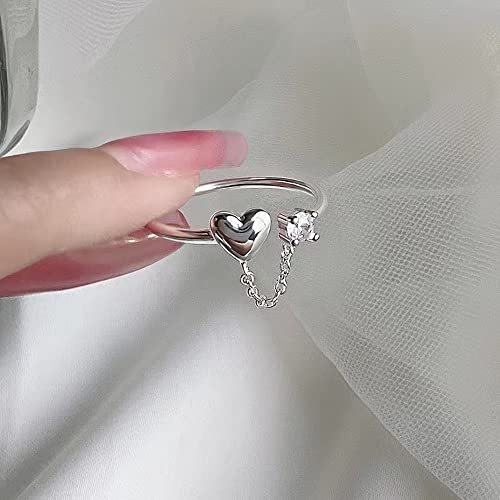 Tiny Love Heart with Chain Adjustable Open Ring for Women 925 Sterling Silver Expandable Small Finger Knuckle Pinky Ring Promise Eternity Stacking Ring for Her Birthday Wedding Gifts4