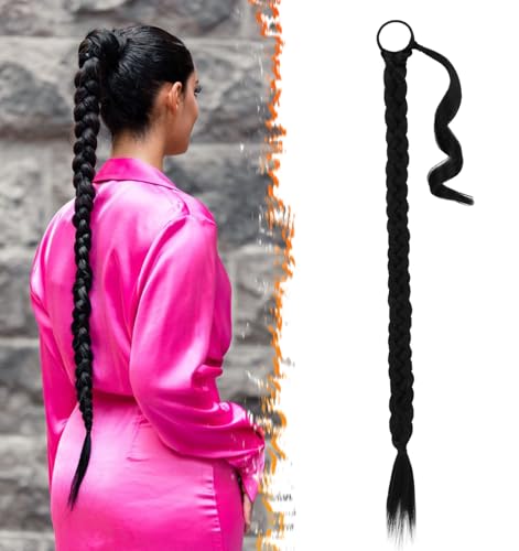 BARSDAR 34 Inch Long Braided Ponytail Extension with Hair Tie - Straight Sleek Wrap Around Black Braided Ponytail Hair Extensions - Synthetic Pony Tails Hairpieces for Women - Jet Black