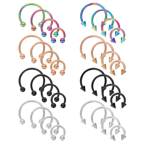 Yolev 32Pcs 18G Horseshoe Piercing for Women Men Variety of Sizes Horseshoe Rings Surgical Steel Nose Septum Horseshoe Hoop Earring Eyebrow Earring Hoop Lip