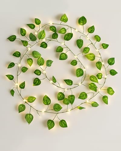 Image of Homesake Battery Operated Home Decor Money Plant Leaf Garland Wreath Vine, Ramadan Decorations for Home, ramzan Festive Decor, Diwali Lights for Decoration Home 50 LED - Set of 2(Plastic, Green)