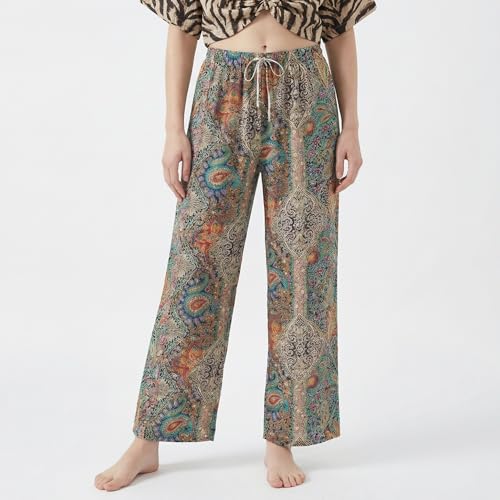 Image of Celary Women's Printed Palazzo Pants - Silk Blend High Waist Wide Leg Trousers | Elastic Waist Relaxed Fit Casual Flowy Pants for Travel, College, Office