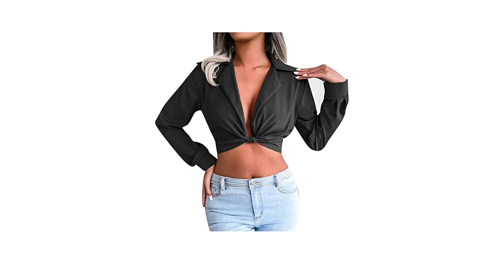 Womens Crop Tops Solid Color Knotted Shirt Navel Tops Long