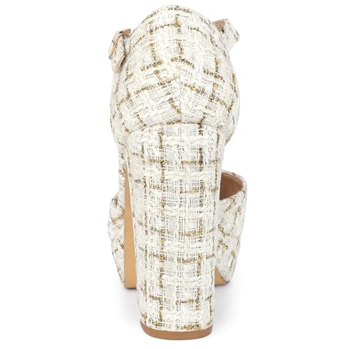 Allegra K Women's Round Toe Platform Tweed White Gold Chunky Heels Pumps 7 M US