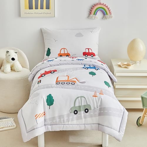 Image of DuShow 4 Pieces Cars Toddler Bedding Set for Boys,Soft Toddler Bed Set in a Bag,Toddler Bed Comforter Set Includes Quilted Comforter, Flat Sheet, Fitted Sheet and Pillowcase