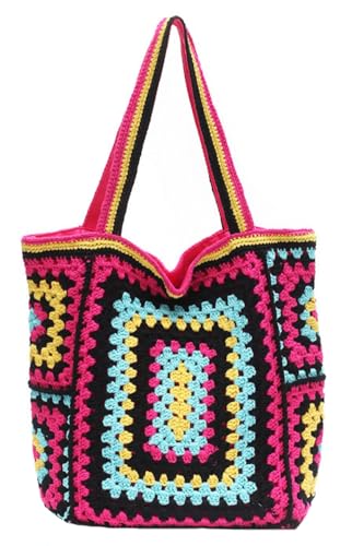 Image of Knitted Shouder Bags for Women Crochet Handbag Colorful Summer Totes Oversized Woven Top Handle Purse