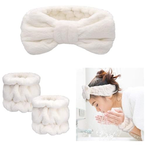 Image of Spa Headband and Wristband Set, Face Wash Headband Makeup Skincare Headband Wrist Bands Washing Face for Preppy Skincare Women Girl (Cream)