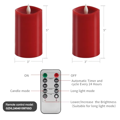 Image of 3x5 Flickering Flameless Candles Set of 2, 2AA Battery Life 600 Hours Battery Candles Flickering with Timer,5 inch Flameless Candles with Remote for Indoor /Outdoor, Red
