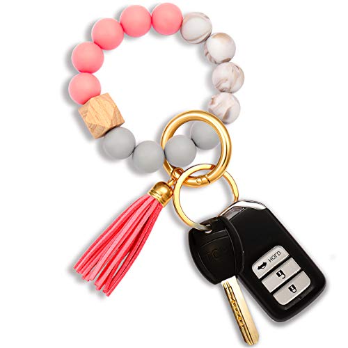 NVENF Silicone Key Ring Bracelet Beaded Wrislet Keychain Portable House Car Keys Ring Holder (Pink), Pink, L