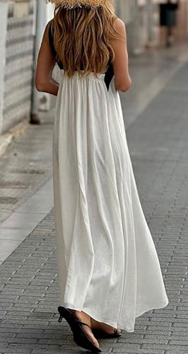 CHARTOU Women Summer Vacation Halter Neck Crossover Contrast Trim Cotton Linen Flowy Long Dress4