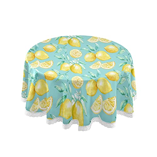 Yellow Lemon Turquoise Tablecloth Tropical Teal Blue Round Tablecloths Circular Table Cover Cloths Washable Polyester Tabletop Runner for Kitchen Party Picnic Dining Decor 60 Inch