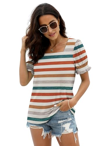 Image of WIHOLL Tops for Women Summer Casual Ruffle Trim Sleeve Square Neck T Shirts