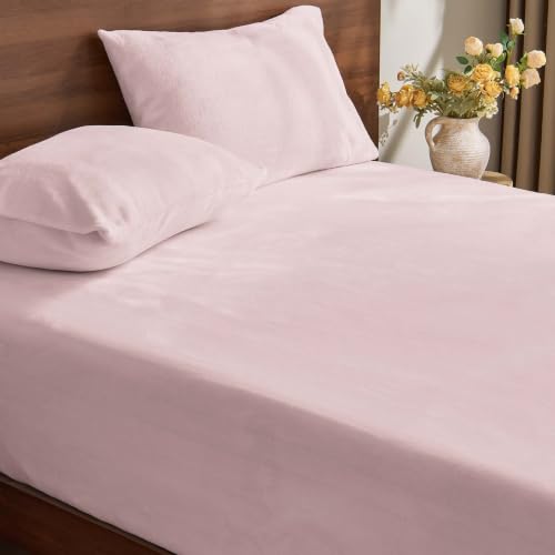 Image of BEDELITE Flannel Full Fitted Sheet & Pillowcases Set, Pink, 3 Pieces | Ultra Soft Plush Fleece Bed Sheet with Elastic Corner Straps, 16 Inch Deep Pocket, Fuzzy All-Season Gift & Room Decor