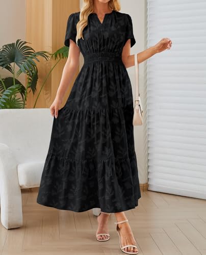 Image of Women's Maxi Dresses Boho Burnout V Neck Short Puff Sleeve Smocked Empire Waist Long Wedding Guest Semi Formal Dress Pockets