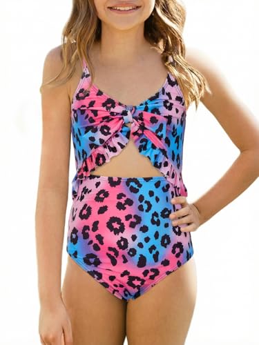Image of Saodimallsu Girls One Piece Cutout Ruffle Swimsuits Kids Floral High Waisted Tie Front Bathing Suits