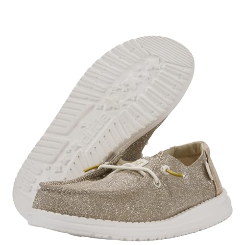 Image of HEYDUDE Girl's Youth Wendy Metallic Sparkle Slip On Loafer | Glitter Upper | Stretch Elastic Laces, Removable Foam Insole, Lightweight Flexible Outsole, Breathable Interior, Easy On System, Secure Fit