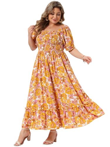 Image of Agnes Orinda Plus Size Dress for Women Short Sleeve Shirred Square Neck Floral Maxi Long Dresses