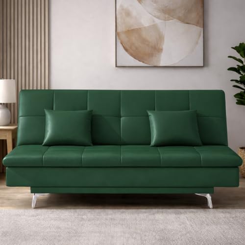 Image of Casaliving Danny 3 Seater Sofa Cum Bed Leatherette Fabric (Green) with Two Cushions Perfect for |Home Living |Office Room and Guest Room Premium Sofa