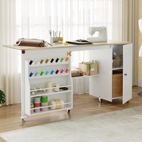 HOOBRO Folding Sewing Table with Charging Station, Sewing Craft Desk with Storage Cabinet, Rolling Sewing Machine Table with Pegs, Storage Shelves, 3 Lockable Wheels, White and Natural WN157UTC01