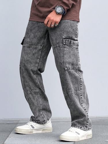 Image of URBAN POCKETS Jeans for Men | Denim Cargo Pants with Baggy Fit Utility Pockets & Streetwear Stitch Design (Cargo-U01-U02)