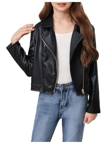WDIRARA Girl's PU Leather Zip Up Crop Jacket Asymmetrical Collared Long Sleeve Outerwear Black 11Y