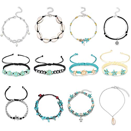 ZIXI 12PCS Charm Anklets for Women Girls Bracelets Beach Anklets Foot Jewelry Adjustable (A Style-12pcs)