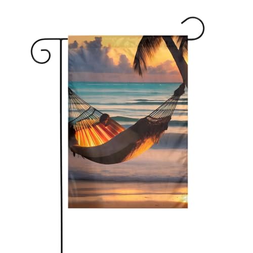 WHJSHOP Hamaca de playa con diseño de puesta de sol con banderas de jardín de 12 x 18 pulgadas para decoración de patio con 3 cm de ancho de posición de poste (solo bandera, no incluye mástil)