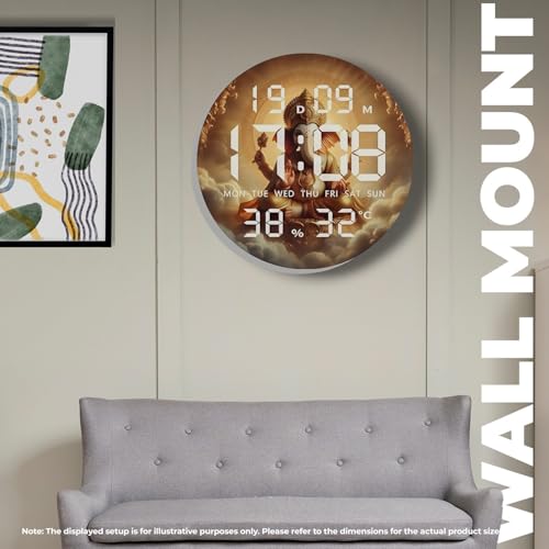 Image of Amazon Brand - Umi Divine Ganesha Digital Wall Clock LED Display Day Date Month Time Temperature & Humidity 12 /24 Hour Format Modern Decorative Religious Wall Clock for Home Living Room Office Temple