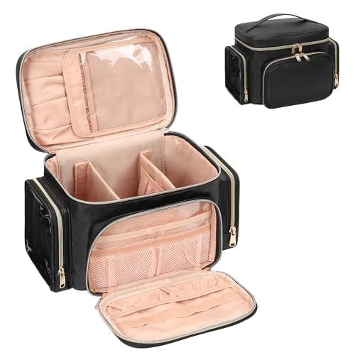 Beauty case grande, da viaggio, per trucchi, da donna, con scomparto per pennelli, organizer portatile, Nero , Trousse grande