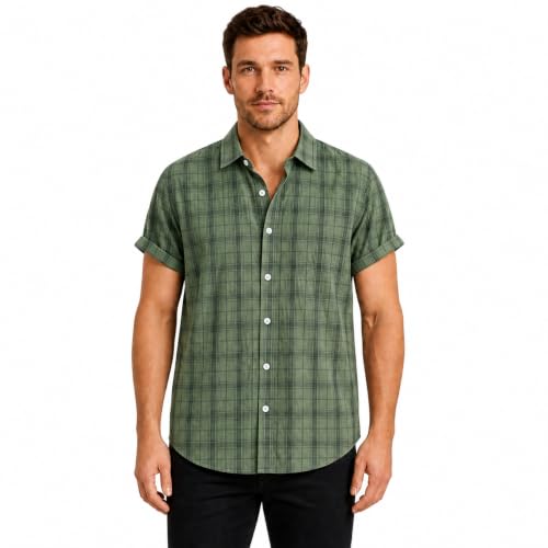 HYMN Mens Summer Shirts 2026 | Breathable Lightweight Casual Button Down Short Sleeve Shirt | 6 Colours Easy Care Durable Buttons for Office Holiday & Daily Wear (Green L)