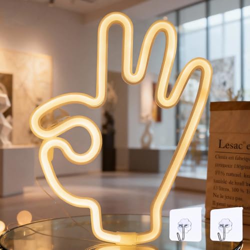 VEGOATY Luz de neón LED para habitación infantil, gesto: PE respetuoso con el medio ambiente, material neón, forma de mano, iluminación blanca cálida, luz de neón, batería+USB, luz de neón, decoración