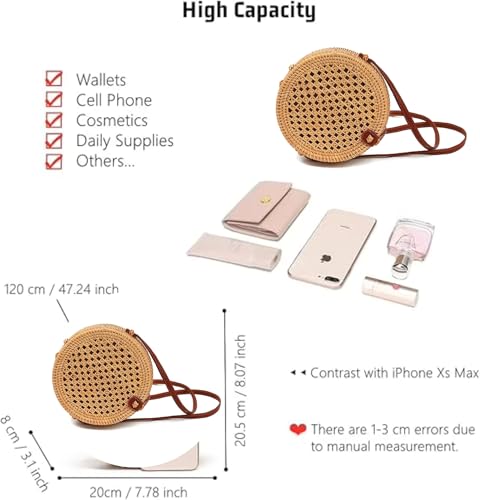 Handwoven Round Rattan Bag with Leather Strap – Boho Wicker Straw Crossbody Purse for Women, Gift for Beach & Holidays3