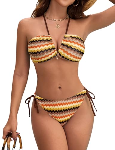 Blooming Jelly Women's Bikini Sets Sexy Two Piece Swimsuit Cheeky Colorblock Stripes String Mid Rise Bathing Suit