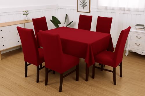 Image of Styleys Dining Chair Cover with Table Covers for Kitchen Waterproof Dining Table Cloth (1 Table Cover + 6 Chair Cover, Maroon, CTSD22)