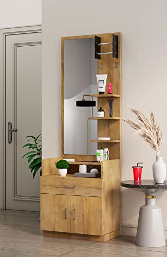 Image of Bniture Wooden Dressing Table for Bedroom with 1 Drawer, Mirror and Huge Storage Space | Long Dresser Vanity Table with Mirror (42D x 60W x 180H CM) | 1 Year Warranty (Giant Wood, HXDR103)