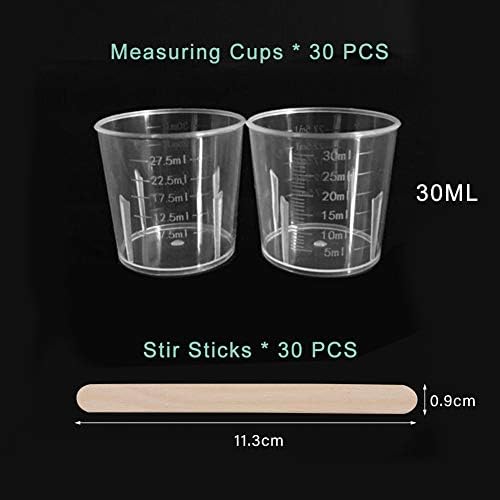 WANDIC 30ml Measuring Cups, 30 Packs Clear Plastic Mixing Cups With 30 Packs Wooden Stirring Sticks Graduated Plastic Cups For Mixing Paints, Epoxy, Resin
