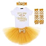 OBEEII Shiny 1st Birthday Party Outfits for Baby Girls Short Sleeve Bodysuit Tutu Skirt Sequin Bow Headband Clothes Set Ceremony Yellow 1st Birthday 1T