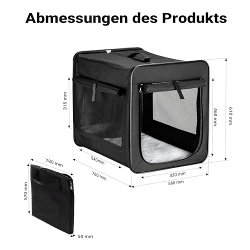Wiltec Faltbare Transportbox für Hunde, Katze L (76x56x61 cm), robust, leicht, sicher, Hundebox mit entnehmbarem Kissen, Schwarz