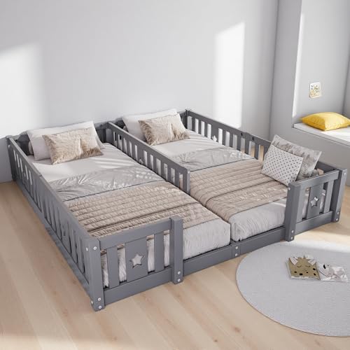 Lit au sol Enfant, Lits Enfant avec Barriere, Lits Cabane Deux Places, Applicable Cela Enfants S'exercer Debout, Grimper Sortir Lit, Favorisant Coordination Physique (Gris (sans sommier à lattes))