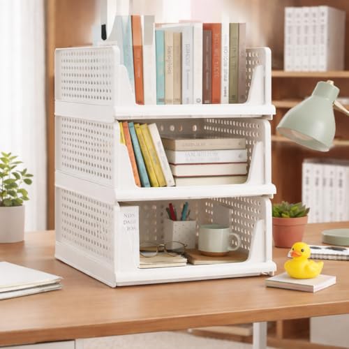 Image of URBAN LUXY Foldable Plastic Rack for Storage /Kitchen Cupboard /Sturdy Wardrobe for Clothes /Multipurpose Storage Organizer /Closet for Bedroom /Living Room /Laundry (FOLDABLE STACKABLE BASKET-WHITE, 4PCS)