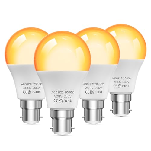 Lamptobe Bayonet Light Bulbs, 2000K Amber Hue Warm Light Globe A19 BC B22 Bayonet 9W(60 Watt Equivalent) Blue Light Blocking for Bedroom,Healthy Sleep, Baby Nursery Light, 4 Pack